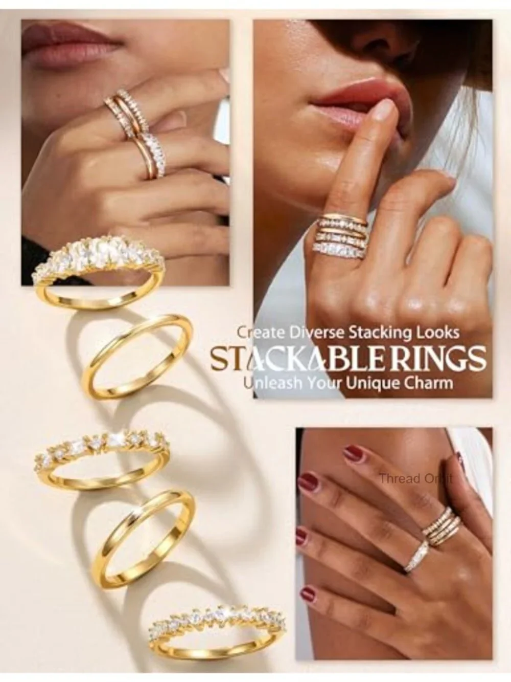 14K Gold Plated Stackable Rings for Women - Dainty Wedding Bands Ring Set Cubic